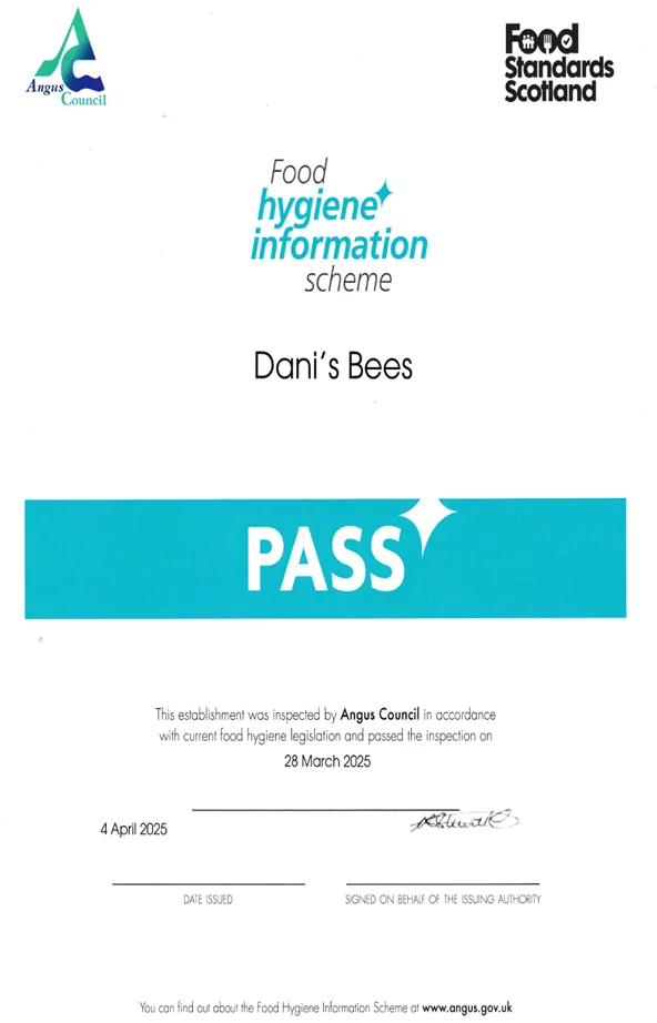 Dani's bees food standards scotland certificate